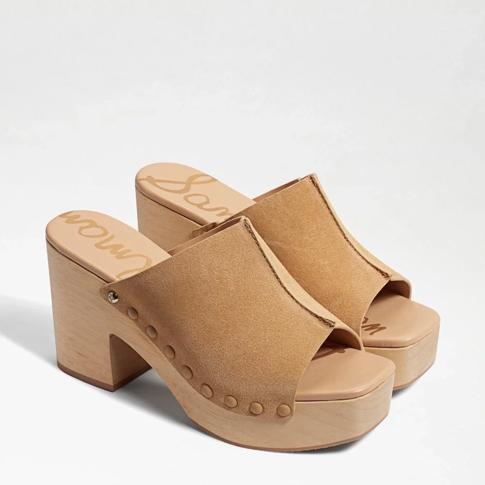 New Sam Edelman Josselyn Tan Suede Platform Wooden Mules Clogs Size 10.5 - Picture 1 of 7